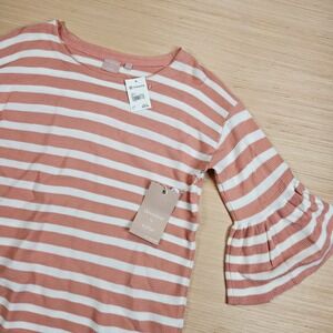 Devotion by Cyrus Sweater Women L Dusty Pink Striped Bell Sleeve Knit Top NEW